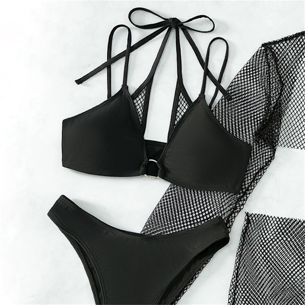 4 st/set Baddräkt för Kvinnor Linne BH String Plisserad Kjol Utskurna Baddräkter Halterneck String Badkläder Svart Black M