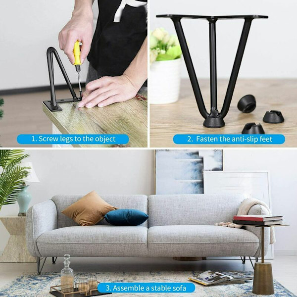 Sæt med 4 bordben 10 cm - DIY møbelben - til sofabord spisebord sort - med fodbeskyttere og skruer