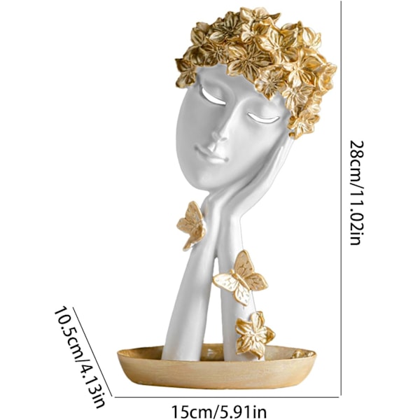 Tænker Statue Dekoration, Blond Hår Ansigtsskulptur, Abstrakt Resin Figur, Guld Hoveder Ornament til Hylder og Diske Platinum