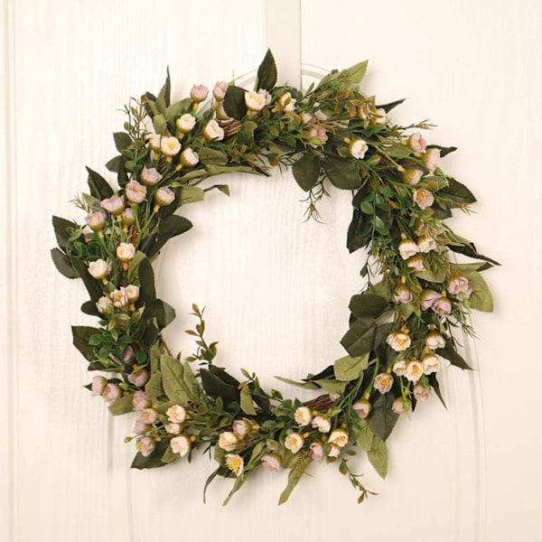 Vårkransar, 16\" konstgjord dörrkrans med eukalyptusblad och små blommor för ytterdörr, bondgårdskrans, grön vägg inomhus utomhus - WELLNGS