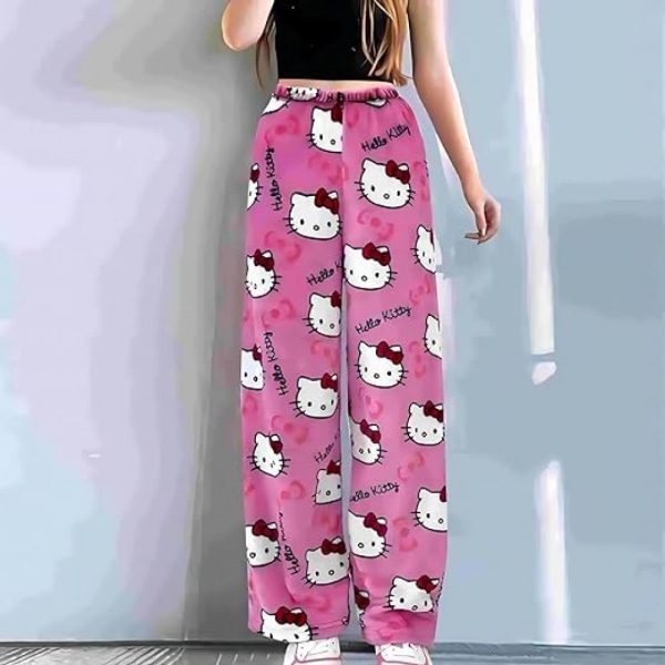 Cartoon HelloKitty Flanell Pyjamas Plysch Tjockare Varma Pyjamas för Kvinnor Svart Rosa Katt Svart rosa katt XL