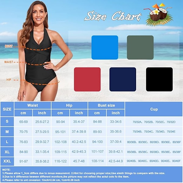 Dames Badedragt med Mavekontrol, Push-up, Formende Badedragt, Halterneck, Rygløs Badedragt SORT BLACK L