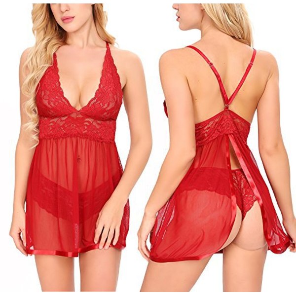 Underkläder sexig transparent spetsnät halsnattlinne Alla hjärtans dag rosröd rose red XL