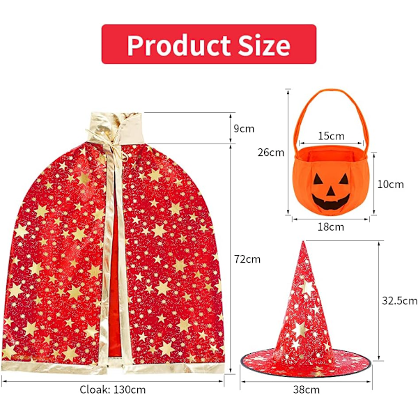 Troldmands Kappe med Hat, Halloween Kostume til Børn, Hekse Kappe, Stjerne Kappe, Magisk Hat, Rollespil til Drenge og Piger Färg: röd