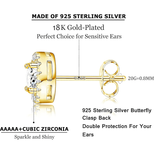 18k Gullbelagte Halo Øredobber 925 Sterling Sølv Cubic Zirconia Øredobber Runde Firkantede Diamonique Øredobber Sett For Kvinner Menn