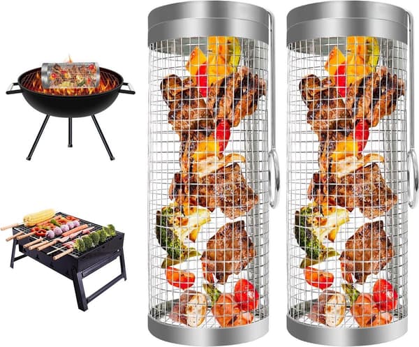 BBQ tilbehør - Rullende grillkurv - 2 stk - cylindrisk grillkurv - rustfrit stål