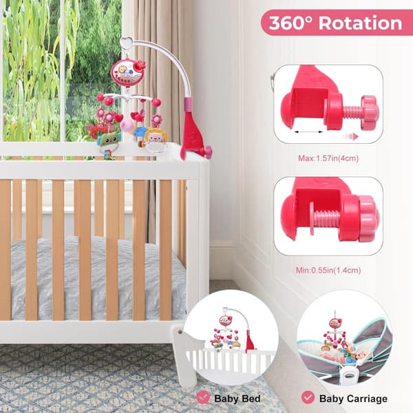 Crib Music Box with Timer Function, Projector and Lights, Hanging Rotating Rattle and Remote Control, 400 Melodies, Newborn Toy Red