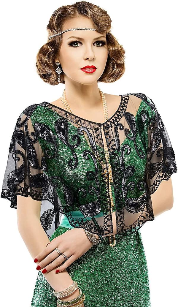Women's 1920s Sequin Shawl Wrap Wedding Shawl Topper Beaded Evening Cape Black