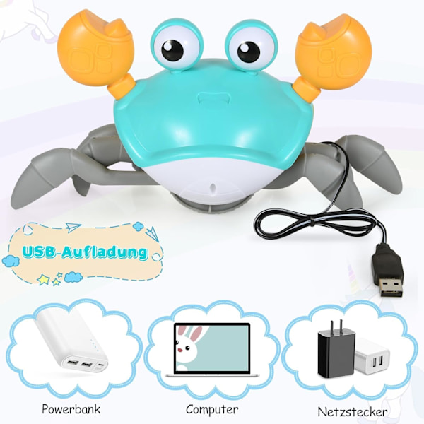 Sansestimulerende krabbe leketøy, 1 år gammel baby leketøy, krypende leketøy, USB-oppladbar, gave til barn 6 måneder til 5 år gammel Blue