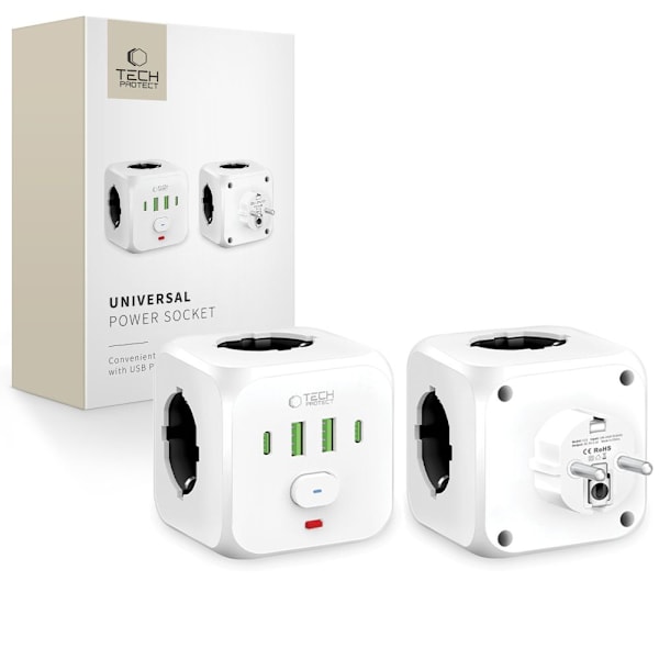 Tech-Protect Grendosa Med 3x Strømuttak 2x USB-C + 2x USB-A Hvit 210