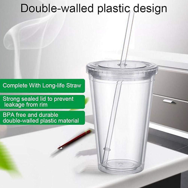 Dubbelväggig plastmugg med lock och sugrör, isolerad kaffemugg, 500 ml, transparent