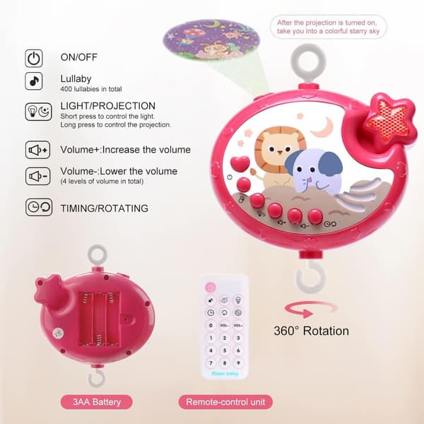 Crib Music Box with Timer Function, Projector and Lights, Hanging Rotating Rattle and Remote Control, 400 Melodies, Newborn Toy Red