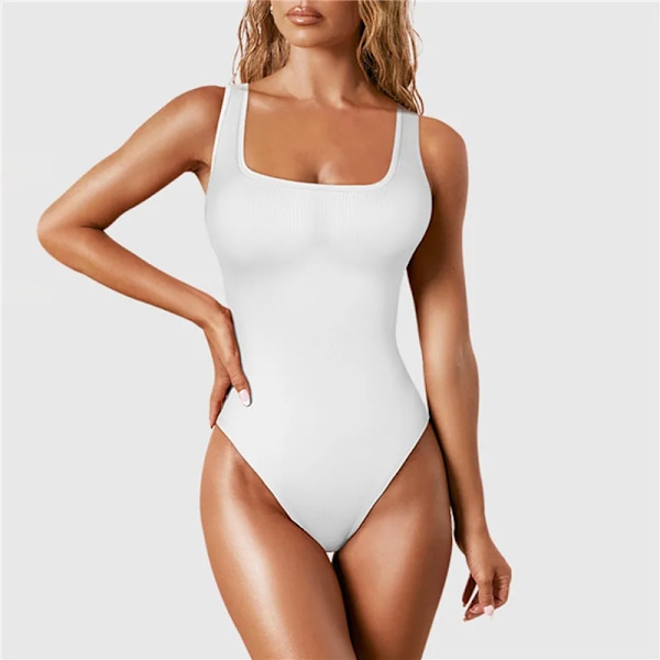 Shapewear för kvinnor, magkontroll, stringbody, sömlös ribbad jumpsuit med fyrkantig hals, T-rygg, enfärgad sexig jumpsuit, vit White S