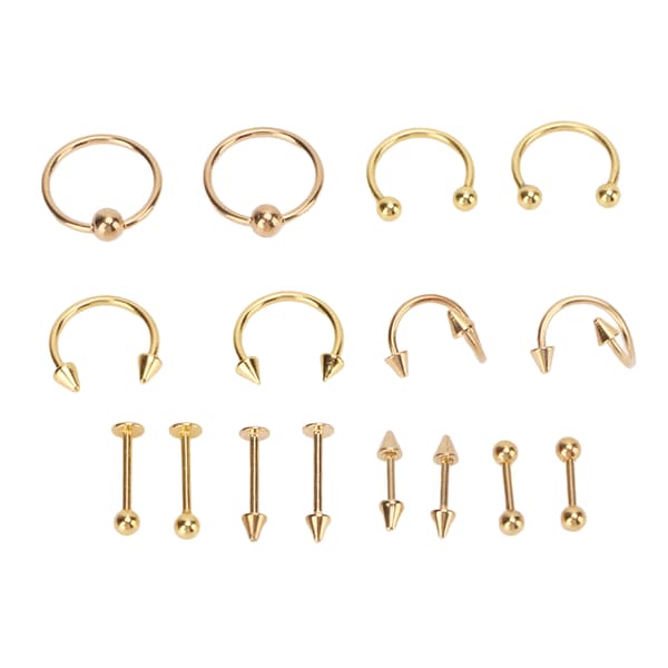 Nese studs sett i rustfritt stål, utsøkte forskjellige former, trygge, glatte, polerte overflater, nese studs for kvinner, gull 0.2