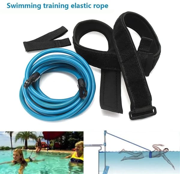 Simträningsbälte med dubbla elastiska snören och metallspänne, justerbart midjebälte i neopren för simträning i pool, blått