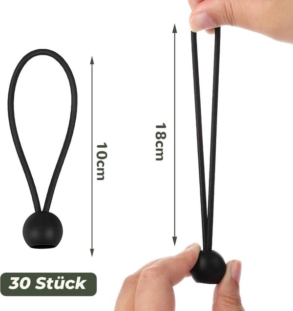 30 elastiske snore, 10 cm lange - m/ kugleled - sorte - stærke gummistropper