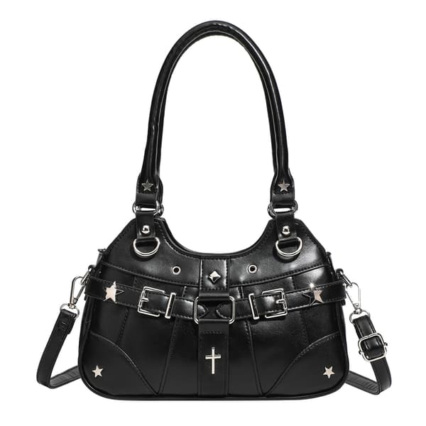 PU Leather Bag with Display Window, Rivet Bag with Adjustable Shoulder Strap BLACK