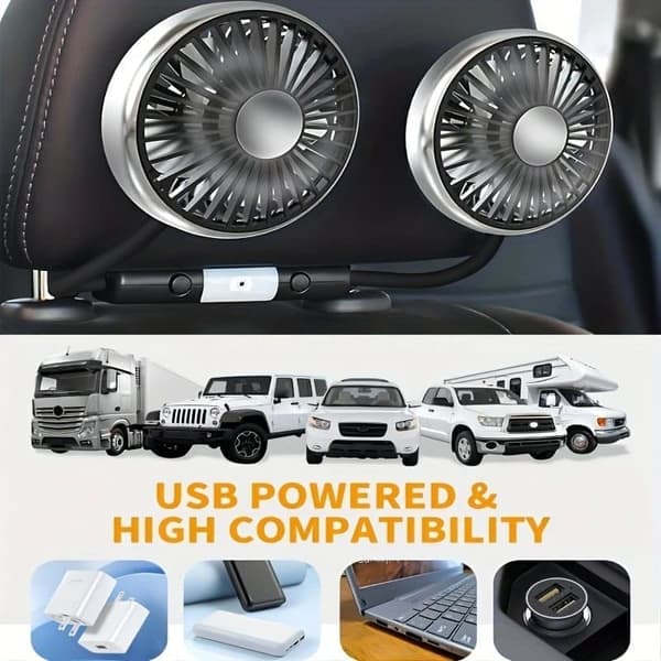 Dobbelthoved Bilsæde Ventilator med LED-Lys – 3-Hastigheder 360° Roter USB-strøm Til SUV, Lastbil, Bilventilator_OF