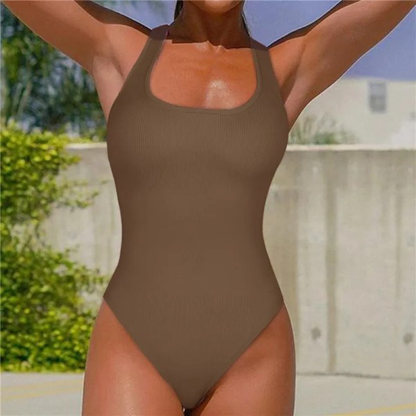 Shapewear för kvinnor, magkontroll, stringbody, sömlös ribbad jumpsuit med fyrkantig hals, T-rygg, enfärgad sexig jumpsuit, vit White XL