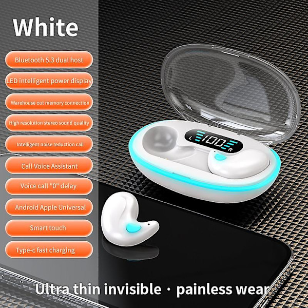 Nya X55 Usynlige Søvn Trådløse Hodetelefoner Ekte Mini Bluetooth 5.3 Skjulte Hodetelefoner Ørepropper med Mikrofon Bass Støyreduksjon HiFi Stereo Headset (FMY) white