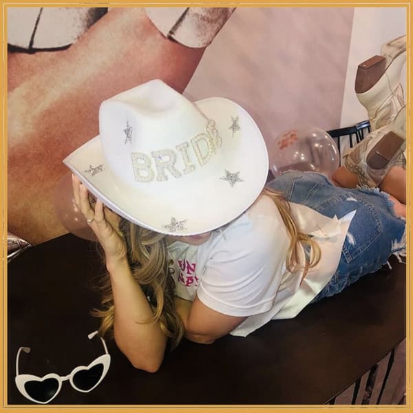 Cowboyhatt Brev Diamanthatt VIT BRUD Hvit White BRIDE-BRIDE
