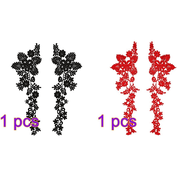 Par Röd Svart Blommig Spets Applikation Halsringning Patch för DIY Bröllopsklänning Brud Sy Dekoration 2 pairs