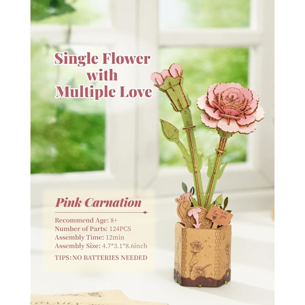 3D Trähuspussel Blombukett Modellset för Vuxna, Eviga Blommor, Romantisk Present till Hennes, Kvinnor, Mamma, Jul/Födelsedag/Alla Hjärtans Dag Pink Carnation