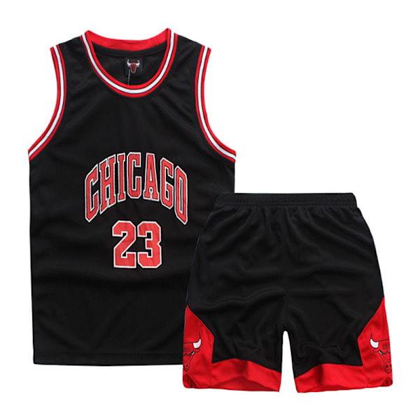 Michael Jordan #23 Basketbollströja Set Bulls Uniform För Barn & Tonåringar WV Svart Black XS (110-120CM)