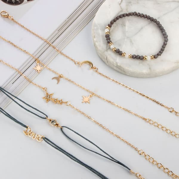 Sæt med 6 boho-armbånd Stjerner og måne krystal og ædelsten perlearmbånd håndlavet håndkæde til kvinder og piger