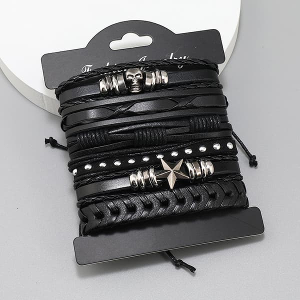 Sæt med 6 læderarmbånd sorte brune flettede brede armbånd dame herre punk smykker dødningehoved