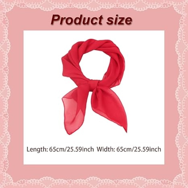 2 stk Kvinner Ensfarget Firkantet Chiffon Halsskjerf For Dame Retro 50-tall, Myk Lett Bandana Wrap, 65x65 cm (Rød)