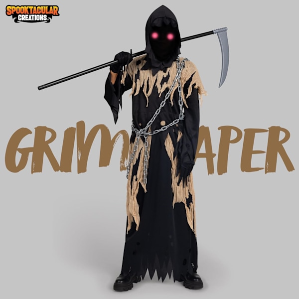 Lasten Grim Reaper -asu, pelottavat silmät, poikien asu, Halloween-asu, pelottava, pelottava Grim Reaper -asu - XL