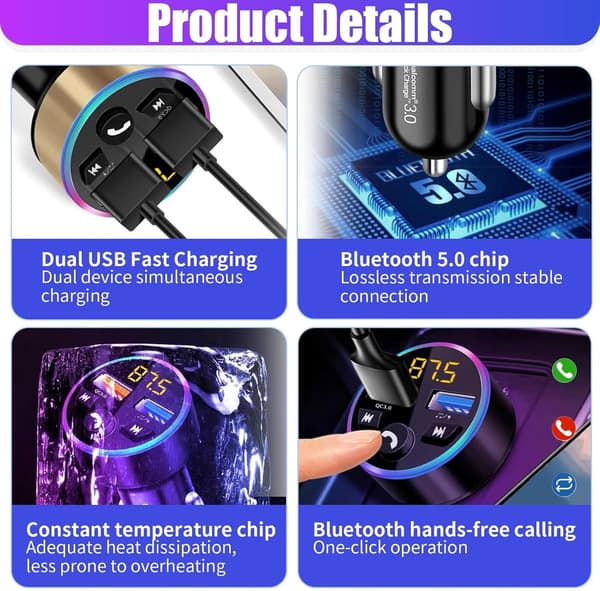 Bluetooth FM-sender til bil med dobbelt USB-hurtigoplader, LED-display og håndfri opkald, radioadapter til 12V/24V køretøjer, sort