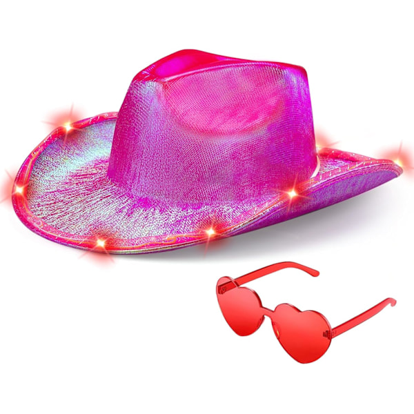 Cowgirl Hat Space Neon Glitter Glow Hat med Hjerteformede Briller Fancy Metal Pig Raffy Disco Halloween Fødselsdag Bachelorette Party Red