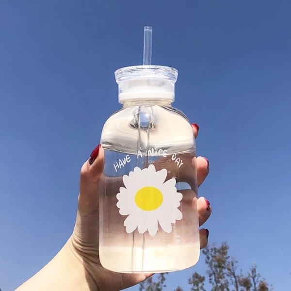480 ml mjölkjuice Söt vattenflaska med våg 2 lås Little daisy Matt Portable Transparent Water Cup glasflaskor (Transparent 1 blomma)