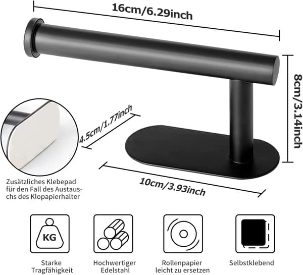 Sort Toiletpapirholder, Premium Holder Uden Boring, Rustfrit Stål
