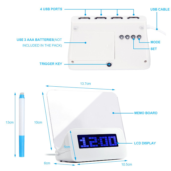 Multifunksjonell LED-vekkerklokke, kalender, termometer, whiteboard, 4 USB-porter, Halloween, nyttårs- og bursdagsgaver (blått lys
