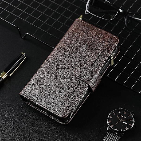 Fodral för Motorola Edge 20 Fusion Skydd Dragkedja Magnetisk Plånbok Korthållare PU Läder Flip Fodral Brun{GKS} Brun Brown A