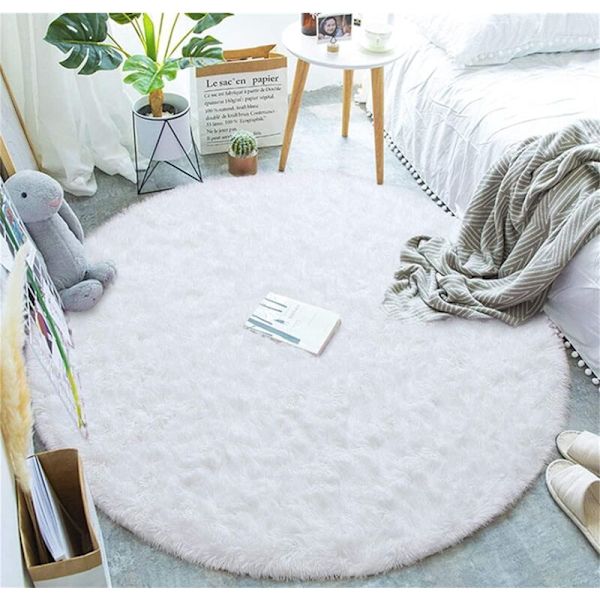 Rund Matta, Hög Lugglängd, Modern, för Vardagsrum, Sovrum, Matsal eller Barnrum, Bekväm Shaggy Golvmatta Halkfri Matta (Vit, 120cm X