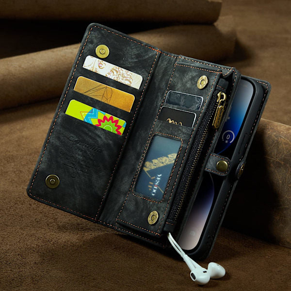 [QD] Lompakkokotelo magneettisesti irrotettavalla kuorella [8 korttipaikkaa] iPhone 14 Pro Max Lompakko Clutch rannehihnalla (Musta)