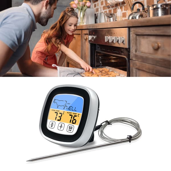 Digitalt termometer touchskærm rustfrit stål kødtermometer til køkken BBQ sort