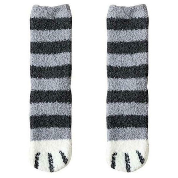Plushstrumpor för kvinnor, varma strumpor, vinter, söta kattpottar, sovstrumpor Grey stripes