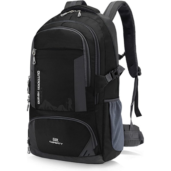 60L Vanntett Tursekk Lett Campingsekk Dame Herre Holdbar Dagstursekk (Svart, 60L)