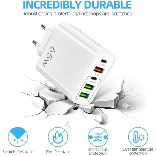 Flera Laddare 65W 5 USB-Portar C, QC3.0, USB C PD20W Adapteri, Flera Laddare, Nopeampi ja Turvallisempi Lataus. Yhteensopiva Kaikkien Matkapuhelimien Kanssa