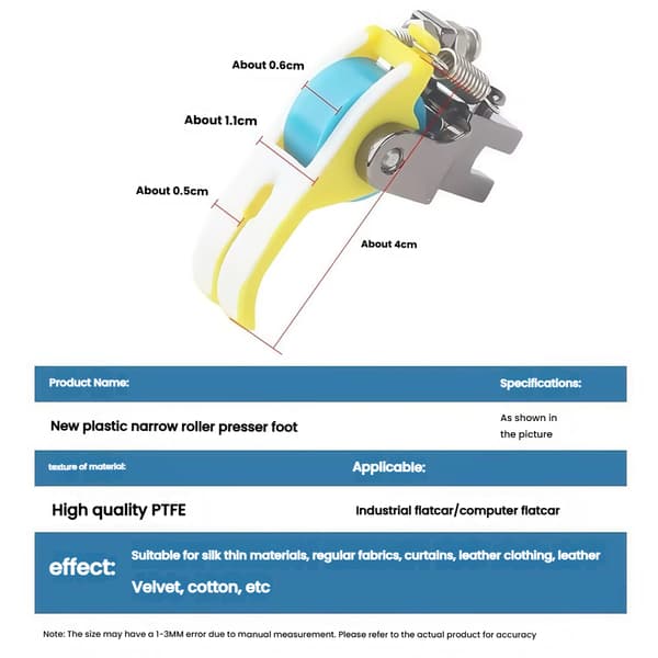 Teflon Narrow Roller Presser Foot Sewing Machine Accessories with Tools, Suitable for Industrial Single Needle Lockstitch Sewing Machine