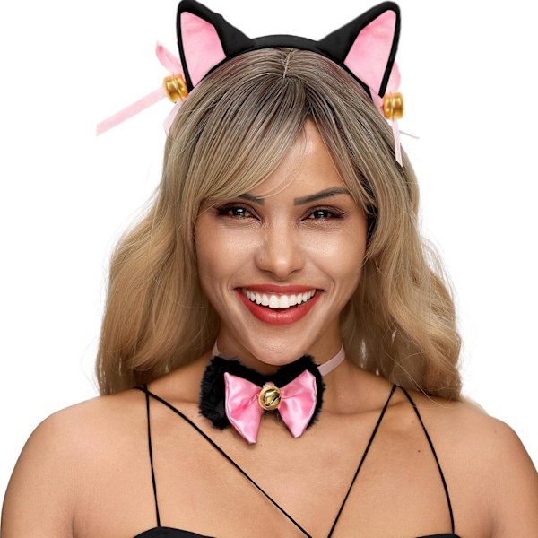 5 st kostymtillbehör med kattöron pannband tasshandskar fluga svans för vuxna barn cosplay Halloween fest klä upp set