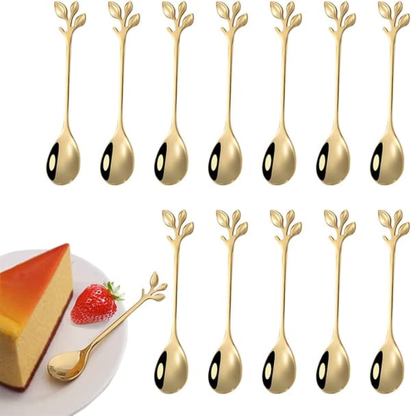 12 stk teskjeer i rustfritt stål med blader, mini teskje gren{EE}