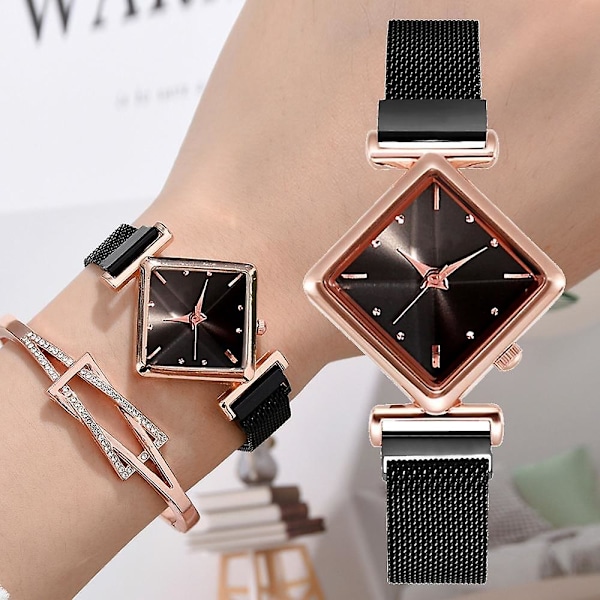 Magnetarmbåndsur sæt til kvinder, Firkantet armbånd til kvinder, Quartz Red Set