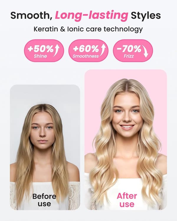 Termisk rundborste 1,5 tum, lockborste med negativa joner, 6 värmeinställningar och LED-display, resevänlig med dubbel spänning, rosa