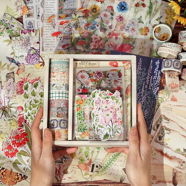 Växt Scrapbooking Kit, Junk Journal Kit med Washi Tape, Stickers, A6 Notesbog, Botanisk Bullet Jo